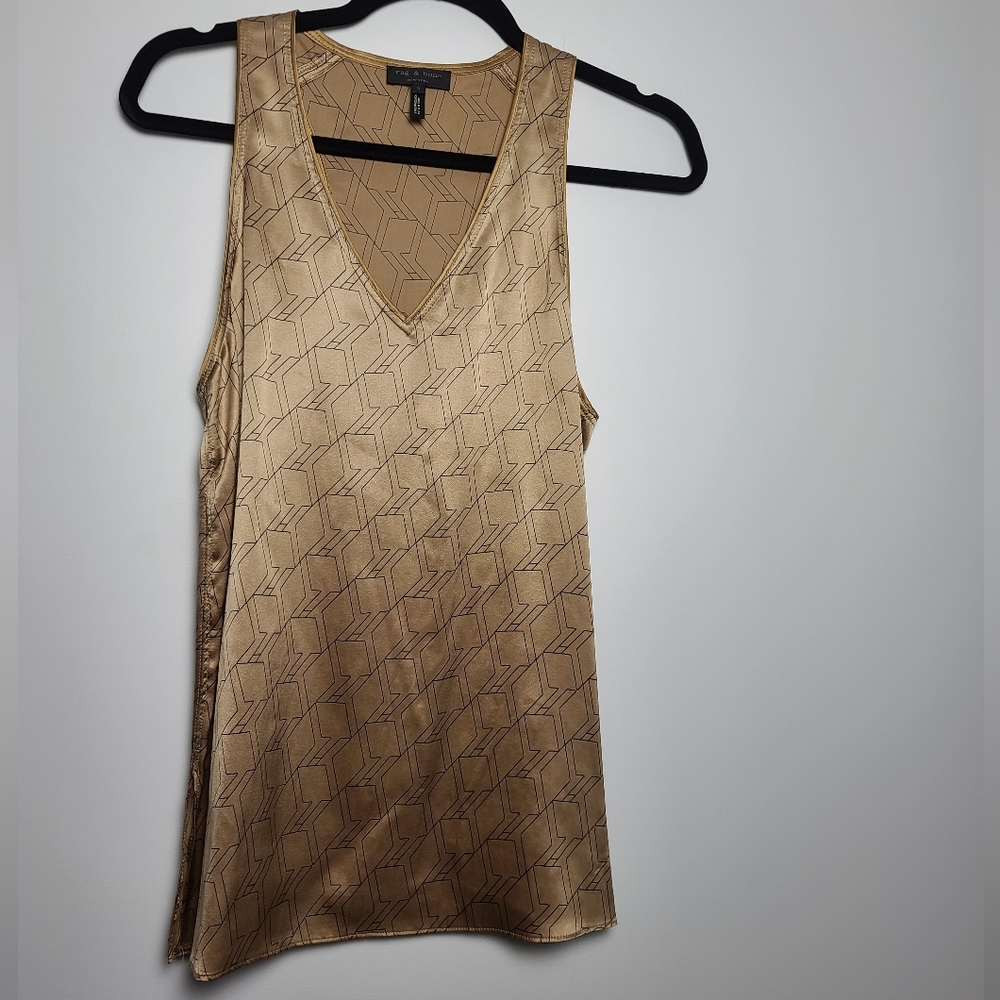 Rag & Bone Womens Gold Geometric Hill Printed Silk Racerback Tank Tunic Top S